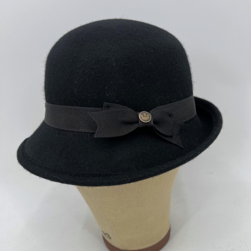 Goorin Bros Black Felt Brimmed Hat Size S Round Brim Cloche Wool Ribbon Bow